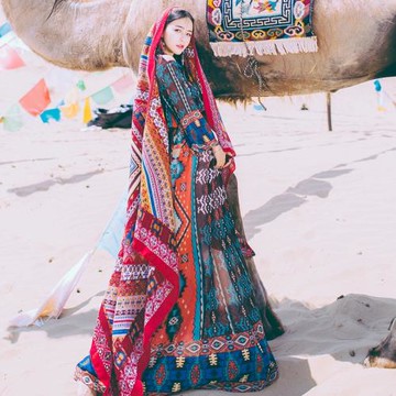 民族風敦煌沙漠青海茶卡鹽湖西藏旅游拍照長裙復古碎花雪紡連衣裙