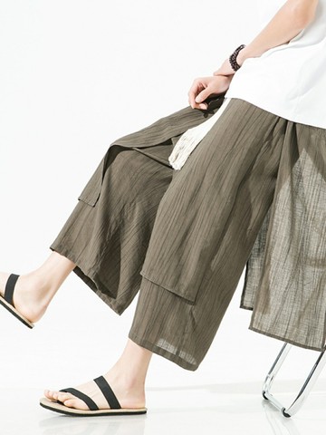 男士大尺碼民俗風寬褲闊腿褲 古風漢服冰絲褲男夏季垂感闊腿裙褲復古潮流直筒褲休閑速干九分褲