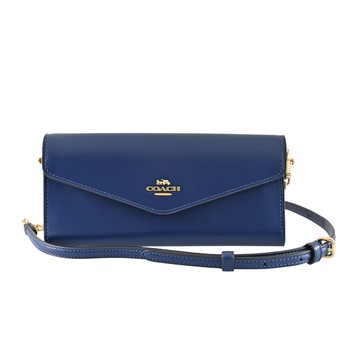 COACH深藍色全皮信封釦式翻蓋二合一WOC長夾/斜背包