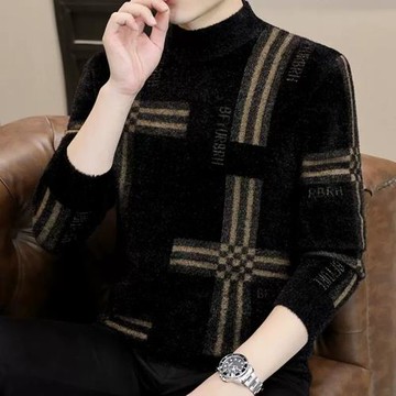 水貂絨毛衣男保暖加厚秋冬季新款男士潮流修身中半高領打底針織衫
