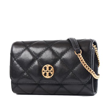 TORY BURCH WILLA 金色LOGO菱格鍊帶斜背WOC包-金釦黑