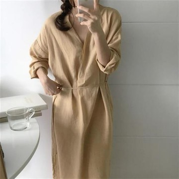【米蘭精品】連身裙長袖洋裝-韓版復古V領繫帶女裙子74kd60