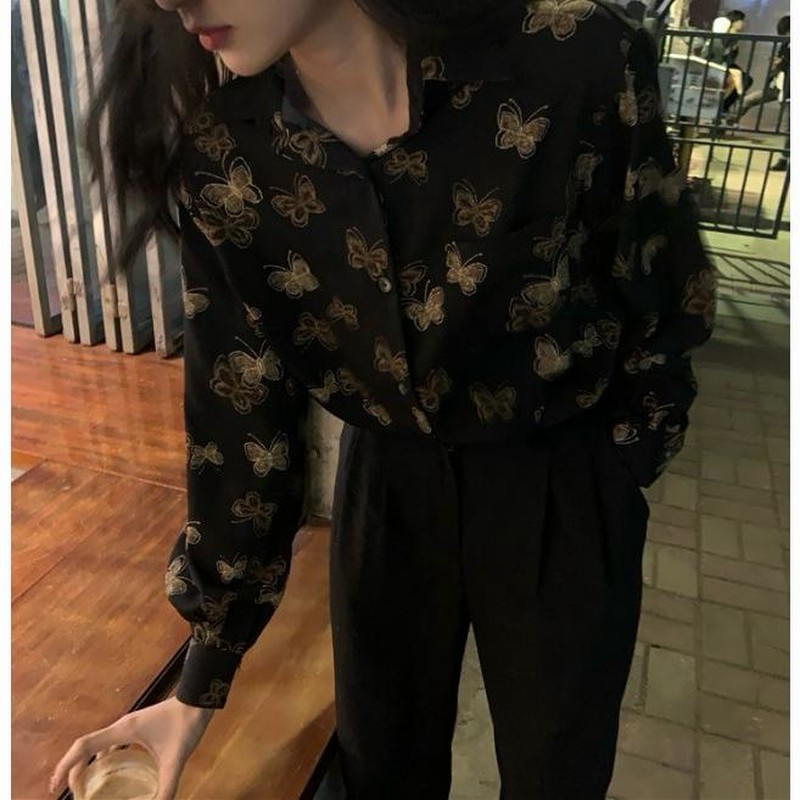 柄シャツ 襟付き シャツ ブラウス 長袖 トップス レディース 春 秋 20代 30代 40代 蝶柄服 黒 総柄 蝶々 蝶柄 カジュアル 柄シャツ 襟付き シャツ ブラウス 長袖 トップス レディース 春