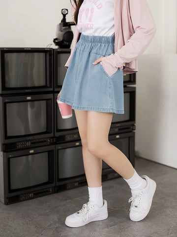 高含棉牛仔修身腰鬆緊寬短褲