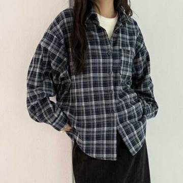 正韓女上衣 亞麻格紋長袖襯衫TXC1005-創翊韓都