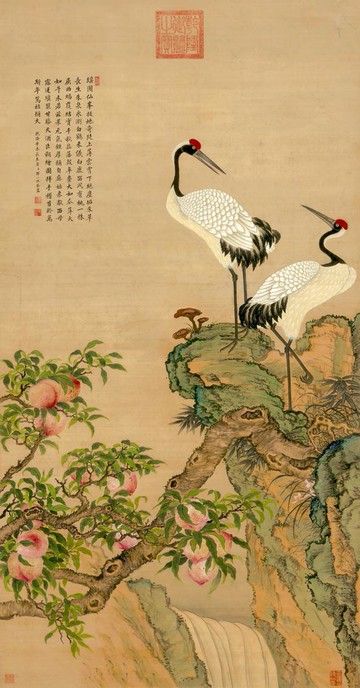 仿古畫名畫復制品清沈銓蟠桃雙鶴圖60-114厘米名人字畫