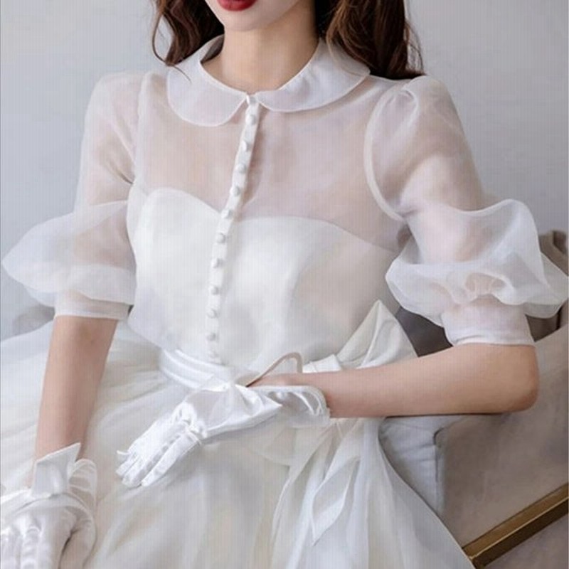 結婚式ボレロ 透明感オーガンジーボレロ サイズオーダーメイド 丸首 パフスリープ クルミボタン留め シースルー ウェディングドレス用 パーティードレス用 P030 通販 Lineポイント最大get Lineショッピング