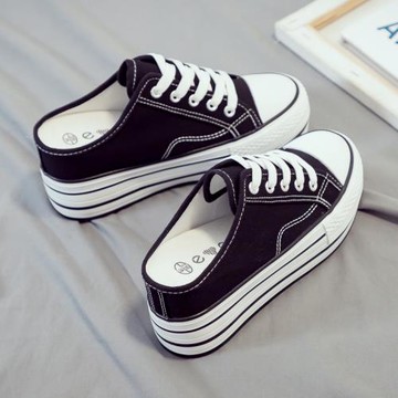 2020夏季新款厚底內增高半拖帆布鞋女紫色松糕跟一腳蹬懶人鞋女潮