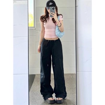 加長175高個子黑色降落傘兵闊腿微喇沖鋒褲女美式超長復古工裝褲