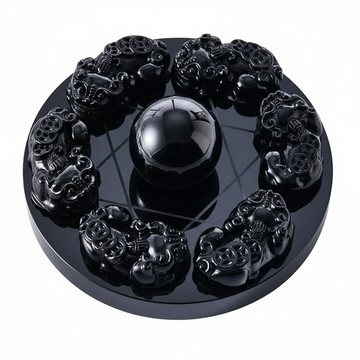 開運方程式 貔貅七星陣  底座10cm + 圓珠3cm + 貔貅3.5cm  黑曜石