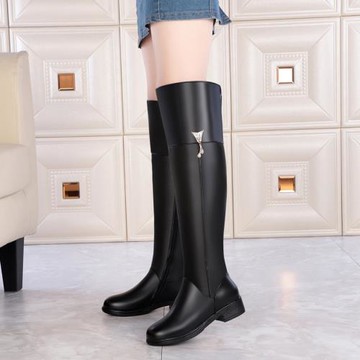 秋冬季真皮女靴過膝女款長靴子平跟軟底大碼高筒棉靴粗跟厚底棉鞋