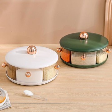 創意旋轉式鹽味精調料盒家用廚房用品糖罐一體多格收納盒調味瓶子