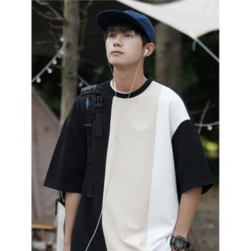 拼接撞色t恤男短袖夏季潮牌日系復古麂皮絨上衣男士重磅半袖體恤