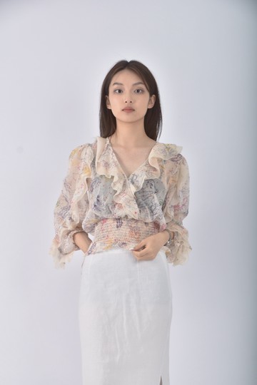 (M) le superbe質感紡紗花紋杏色長袖上衣