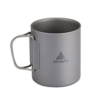 ATUNAS 雙層鈦隨行杯 375ML 折疊把手 附收納袋 A1KTGZ16 (環保無毒/輕量耐用/登山健行/露營/戶外餐具)