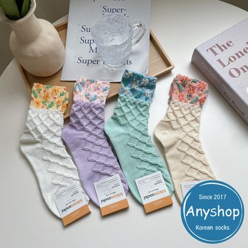Anyshop韓國襪  素色復古浮雕小花中筒襪 浮雕花 植物襪 復古風 韓國襪 韓國襪子 長襪 女襪 13001