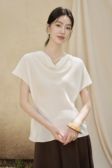 法式極簡 醋酸蕩領收腰百搭短袖上衣