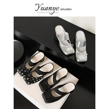 Yuanye丨原野 • 真皮方頭蝴蝶結包頭拖鞋女夏粗跟波點外穿半拖鞋