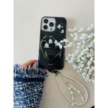 ssself天然貝母鈴蘭花手機殼黑色適用蘋果16promax透黑軟膠邊框花朵原創精美印花iphone15pro簡約卡通高級感