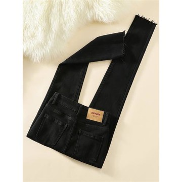 拉夏貝爾黑色牛仔褲女2025新款修身緊身冬季保暖彈力小腳褲子