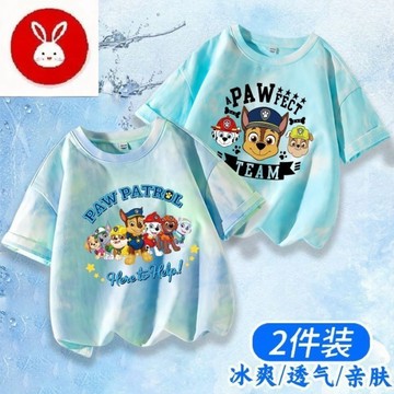 【台灣出貨】 汪汪隊兒童冰絲T卹短袖男童卡通夏季寬鬆2024新款男孩半袖上衣潮t