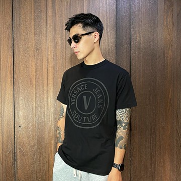 美國百分百【全新真品】Versace Jeans 凡賽斯 短袖 棉質 T恤 VJ 上衣 LOGO 短T 黑色 CH77