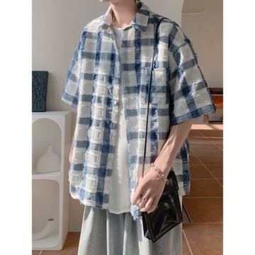 小香風格子襯衫男短袖高級感小眾上衣夏季少年感穿搭男生襯衣外套