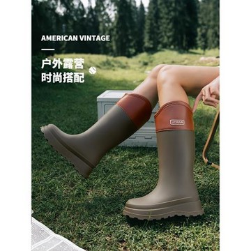 日系甜美雨靴女款高筒外穿韓版防滑雨鞋加厚雪地靴防水歐美仿皮靴