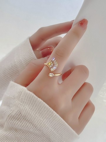 開口鋯石戒指女ins潮扇形18k金小眾設計簡約食指尾戒輕奢裝飾個性