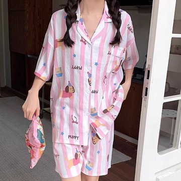 超舒服☁️⁠⁠⁠⁠夏季新款甜美條紋印花睡衣 女可愛小狗短袖短褲套裝家居服 可外穿睡衣 寬鬆舒適兩件套睡衣 居家服