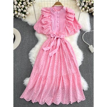 時尚泡泡袖立領收腰顯瘦蝴蝶結系帶收腰顯瘦鏤空a字荷葉邊連衣裙