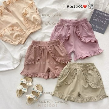 ✨mix1001 荷葉花邊純色口袋棉質短褲✨兒童棉質短褲5-17