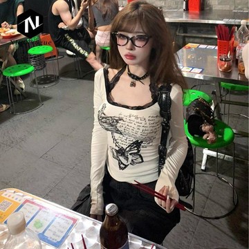 【Nico】臺灣熱銷🔥【熱銷+原版面料做法】掛脖蕾絲設計修身長袖T恤純欲上衣