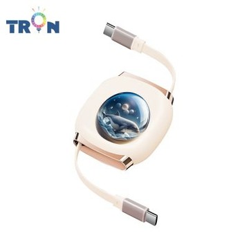 TRON 100W Type-C 伸縮快充線 1M 奶茶色 水晶球內的動物-2 4檔長度調整 可充筆電 適用i15以上手機 平板