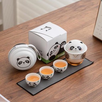 喜趣熊貓快客杯便攜式玻璃旅行茶具套裝一壺三杯戶外功夫茶具茶壺