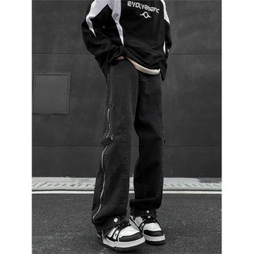 高街排扣牛仔褲男春秋側拉鏈vibe風美式潮牌寬松直筒水洗開叉長褲