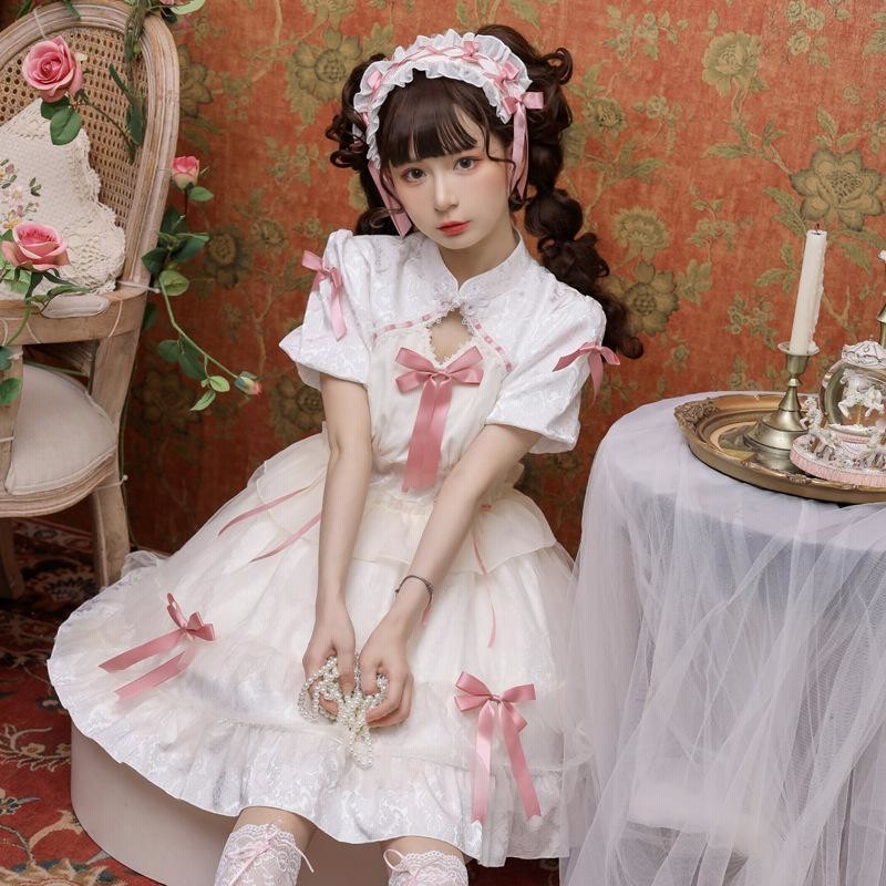 中華ロリータ ワンピース ドレス 半袖 メイド服 ゴスロリ チャイナ服 ゆめかわいい ゴシックロリータ 天使 小悪魔 中華風 姫 白 黒 3色 通販 Lineポイント最大get Lineショッピング