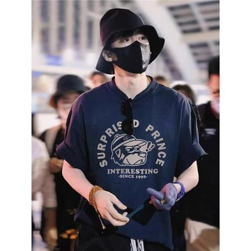 地球超新鮮劉宇寧同款美式藏青色短袖T恤男女夏季高級感寬松上衣