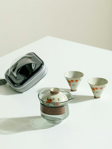 拓土純手繪柿子快客杯旅行高檔戶外便攜式隨身手抓壺一壺二杯套裝