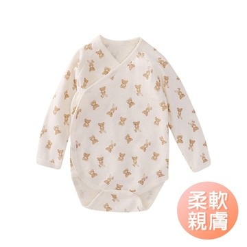 新生兒長袖連身衣 日系純棉空氣棉長袖包屁衣 緹花斜開式長袖睡衣-雪倫小舖