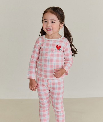 格紋桃紅愛心-舒棉雲柔衣長袖韓國童裝-K52609