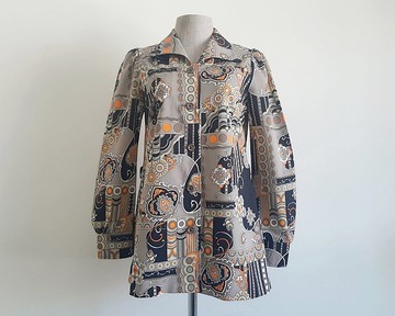 復古棕黑巴洛克印花女襯衫 長喇叭袖上衣 XS