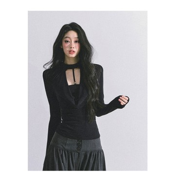 Aomalm少也眼"baddie辣妹"%假兩件長袖純欲性感T恤女秋季黑色上衣