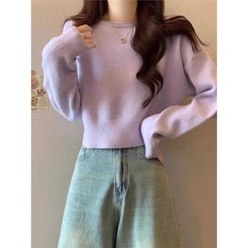 軟糯短款套頭毛衣女春秋洋氣復古慵懶風針織打底衫小個子內搭上衣