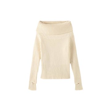 宋正恩甜辣杏色一字肩毛衣女冬季款韓系顯瘦高級感長袖針織上衣