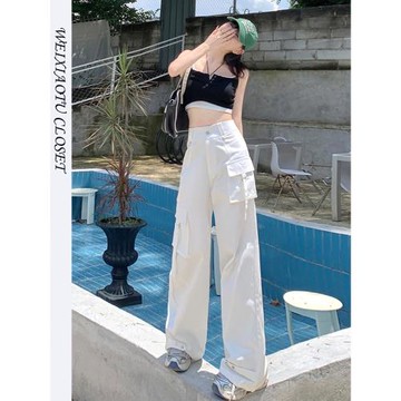 美式高街辣妹白色闊腿工裝褲女秋季多口袋設計高個子直筒拖地長褲