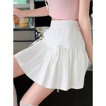白色蝴蝶結系帶短裙女夏2025 新款高腰a字蛋糕裙半身裙防走光傘裙