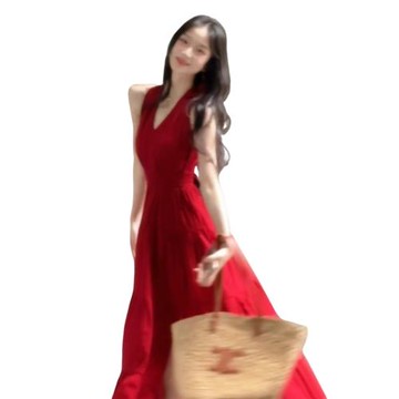 法式度假風高級感紅色掛脖連衣裙女夏季新款巨好看A字大擺裙長裙
