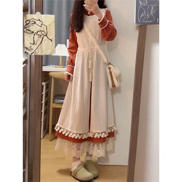 森女甜美部落秋冬新中式國風復古長袖連衣裙背心裙兩件套學生少女