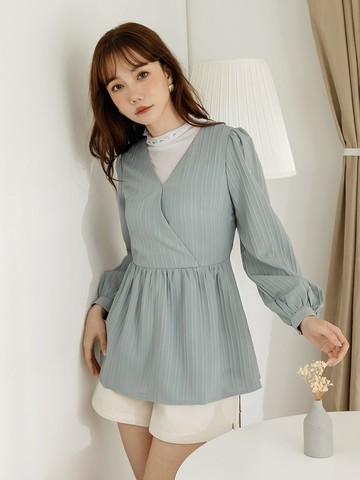 交叉V領紋理後綁帶長版上衣